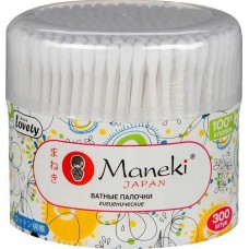 Палочки ватные гигиенические Maneki, серия Lovely, с белым пластиковым стиком, в пластиковой коробке, 300 шт.